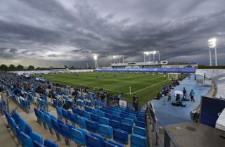 General view of a Champions League match between Real Madrid and Chelsea at the Estadio Alfredo Di Stefano in April 2021.