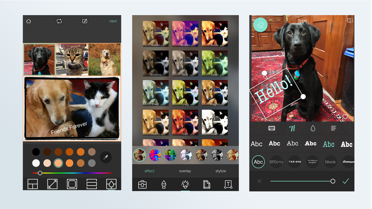 Screenshots of the Pixlr photo editing app