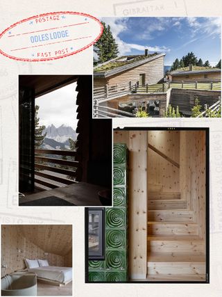 A collage of four images depicting a the pine and cedar walls and flooring of a new hotel in Italy, including a mountain view.