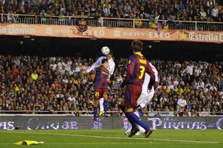 Cristiano Ronaldo heads the winner for Real Madrid against Barcelona in the 2014 Copa del Rey final at Mestalla.