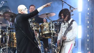 Billy Corgan, Jimmy Chamberlin, and James Iha of The Smashing Pumpkins perform during the 2023 BottleRock Napa Valley festival at Napa Valley Expo on May 26, 2023 in Napa, California.