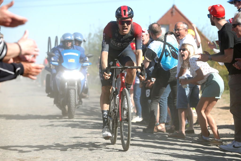 ROUBAIX FRANCE APRIL 17 Dylan Van Baarle of Netherlands and Team INEOS Grenadiers compete in the breakaway during the 119th ParisRoubaix 2022 Mens Elite a 2572km one day race from Compigne to Roubaix ParisRoubaix WorldTour on April 17 2022 in Roubaix France Photo by Bas CzerwinskiGetty Images