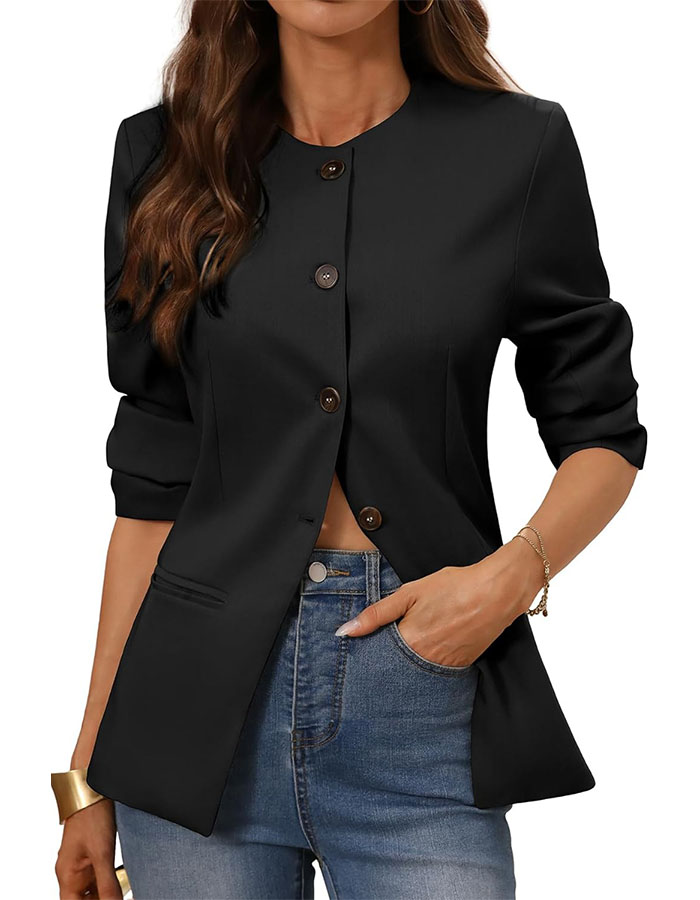 Elleven Round Neck Slim Fit Blazers for Women Business Casual Professional Outfits Lightweight Long Sleeve 4 Buttons Blazer Work Office Jackets With Padded Shoulder Black Large