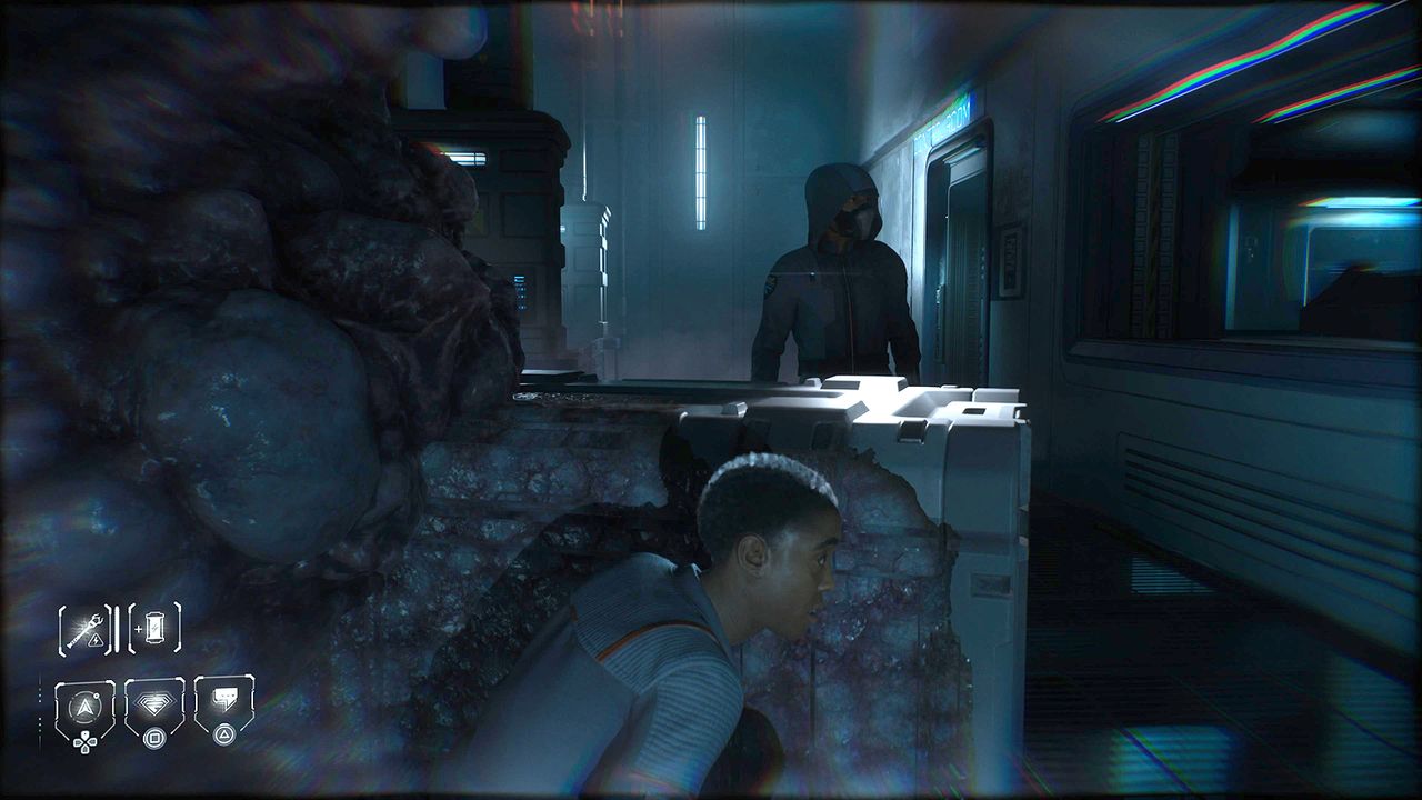 Screens from video game Directive 8020, people in a crashed space ship