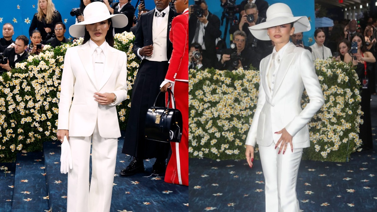 A side by side of Anna Sawai and Zendaya at the Met Gala, they are both wearing white suits with white wide-brimmed hats. 