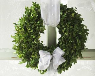 boxwood wreath with white ribbon
