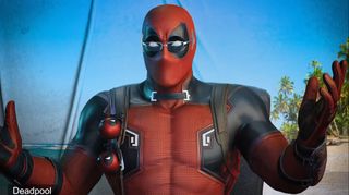 Deadpool, gesticulating in front of a tropical beach green screen