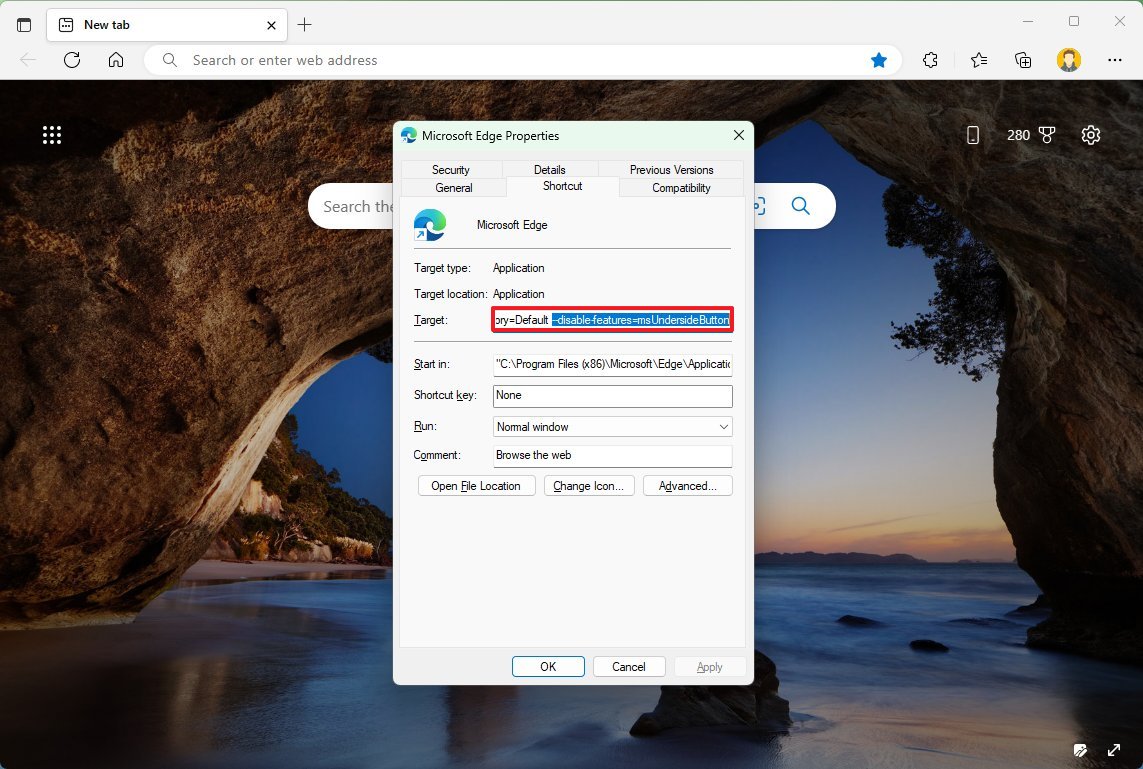 Microsoft Edge disable Bing with shortcut