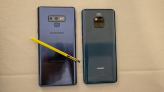 The Galaxy Note 9 on the left and the Huawei Mate 20 Pro on the right