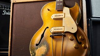 A vintage 1954 Gibson ES-295 electric guitar belonging to English musician Johnny Marr, photographed at his studio in Manchester, England, on April 30, 2018.