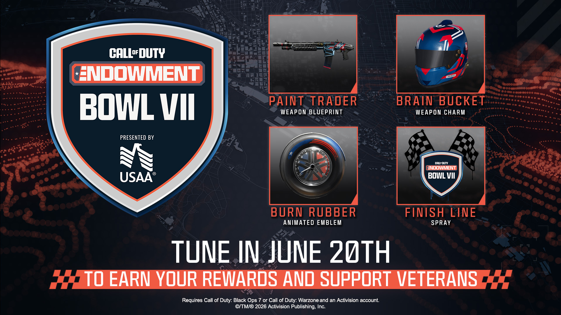 Call of Duty Endowment Bowl VII rewards for Black Ops 7 and Warzone include the "Paint Trader" weapon blueprint, the "Brain Bucket" weapon charm, "Burn Rubber" player emblem, and "Finish Line" spray.