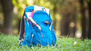 A school backpack in a field