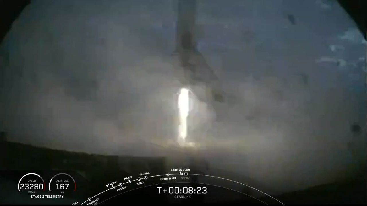 A SpaceX Falcon 9 rocket approaches the drone ship Of Course I Still Love You for its sixth landing after launching 60 Starlink internet satellites from Launch Complex 39A of NASA's Kennedy Space Center in Cape Canaveral, Florida on Oct. 18, 2020.