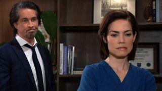 Michael Easton and Rebecca Herbst as Finn and Elizabeth in an office in General Hospital