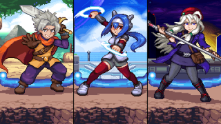 Three-way split image showing three different pixel characters posing with their weapons.