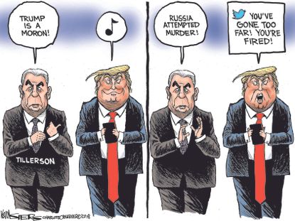 Political cartoon U.S. Rex Tillerson firing Russia poisoning Trump tweet