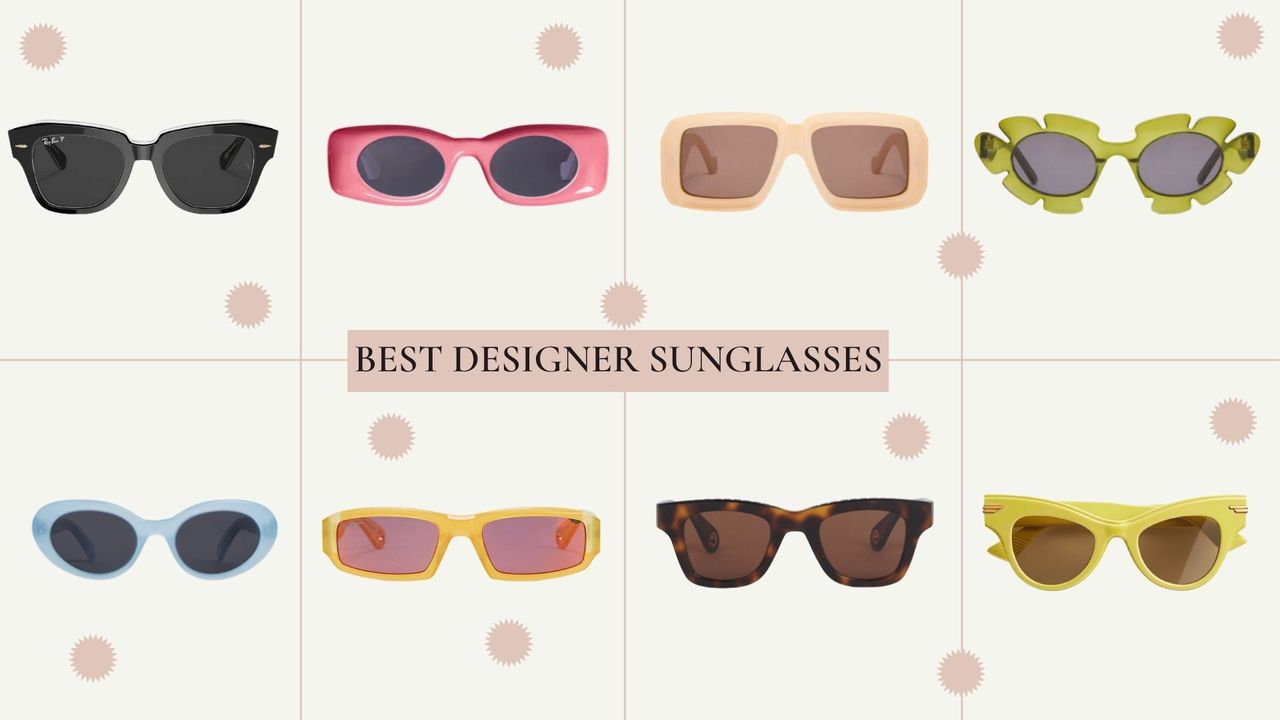 Picture featuring 8 pairs of sunglasses of various designers with a heading stating &#039;Best Designer Sunglasses&#039;