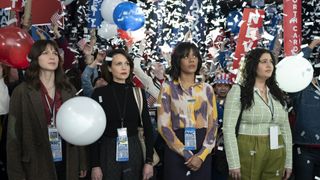 Melissa Benoist, Carla Gugino, Christina Elmore and Natasha Behnam at an election event in The Girls on the Bus