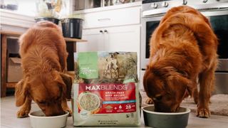 Two red-furred dogs eating from dog bowls with a bag of Only Natural Pet Max Blends food in between them