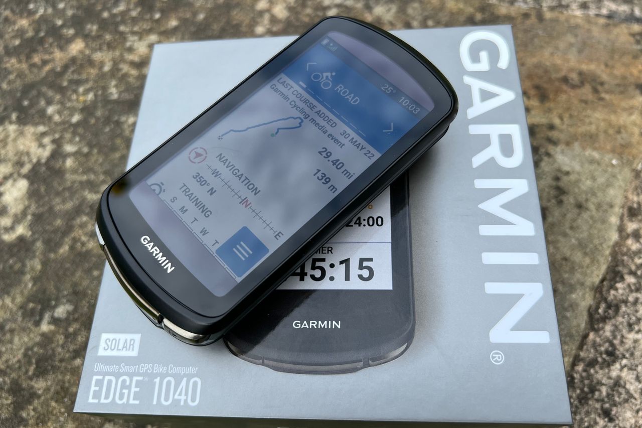 Garmin Edge 1040 in this image is on top of the box it came in