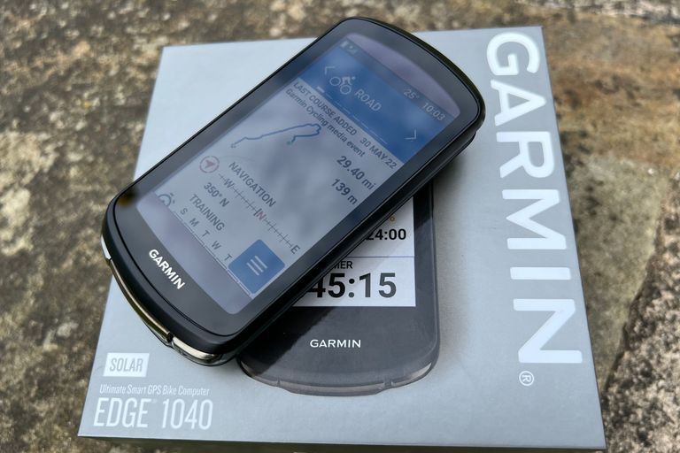 Garmin Edge 1040 in this image is on top of the box it came in