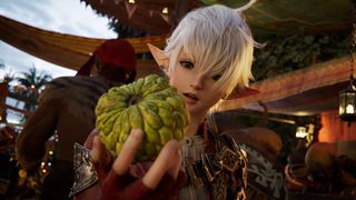 Alisaie admires a strange fruit in the Final Fantasy 14 Dawntrail trailer