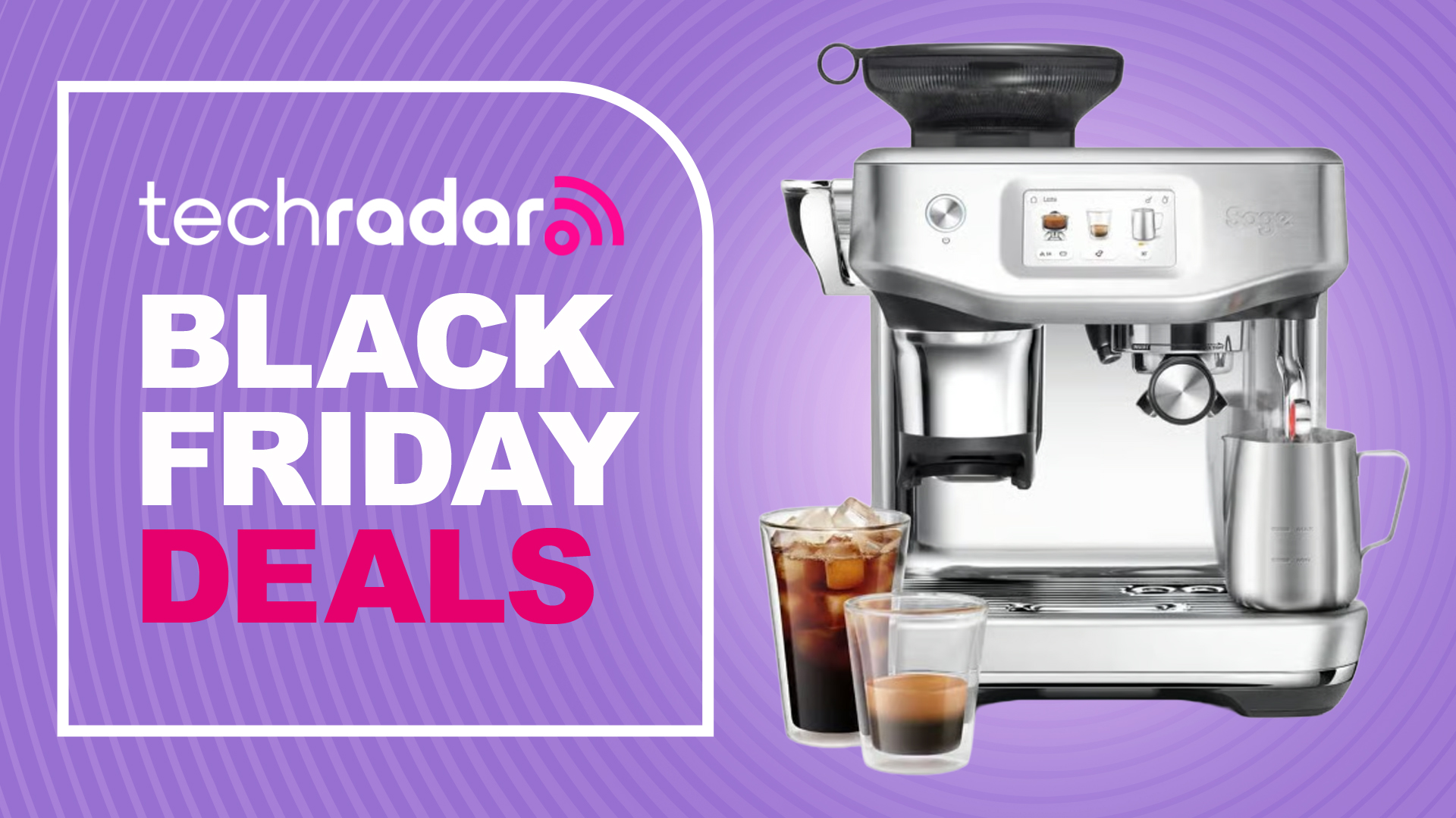 Sage coffee maker on purple background with text &#039;TechRadar Black Friday deals&#039;