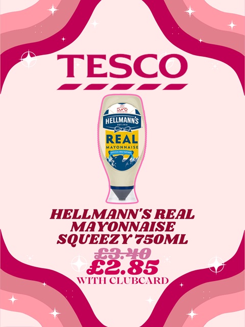 A Hellmann's mayonnaise with both the price with and without a Tesco Clubcard.