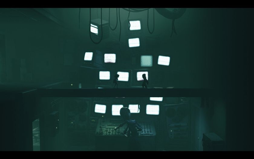 Two small figures balance across a beam in front of an array of CRT monitors