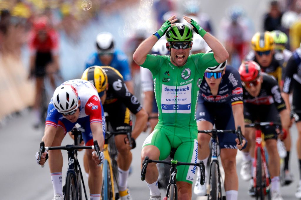 CHATEAUROUX FRANCE JULY 01 Mark Cavendish of The United Kingdom and Team Deceuninck QuickStep Green Points Jersey celebrates at arrival during the 108th Tour de France 2021 Stage 6 a 1606km stage from Tours to Chteauroux LeTour TDF2021 on July 01 2021 in Chateauroux France Photo by Stephane Mahe PoolGetty Images