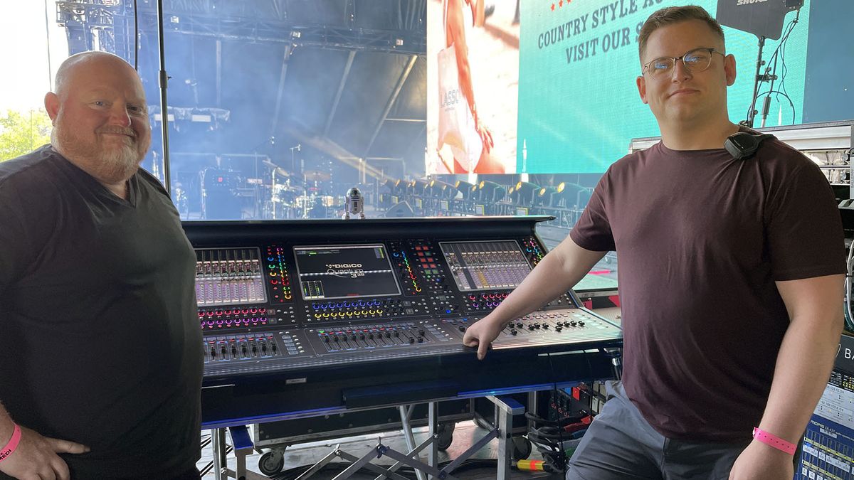 Sound mixers for Kelsea Ballerini&#039;s tour stand in front of DiGiCo equipment.