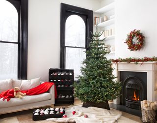 An artificial Christmas tree in a living room
