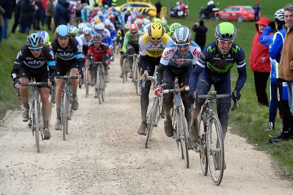 The peloton tackles the gravel roads during stage 1 at Paris-Nice.