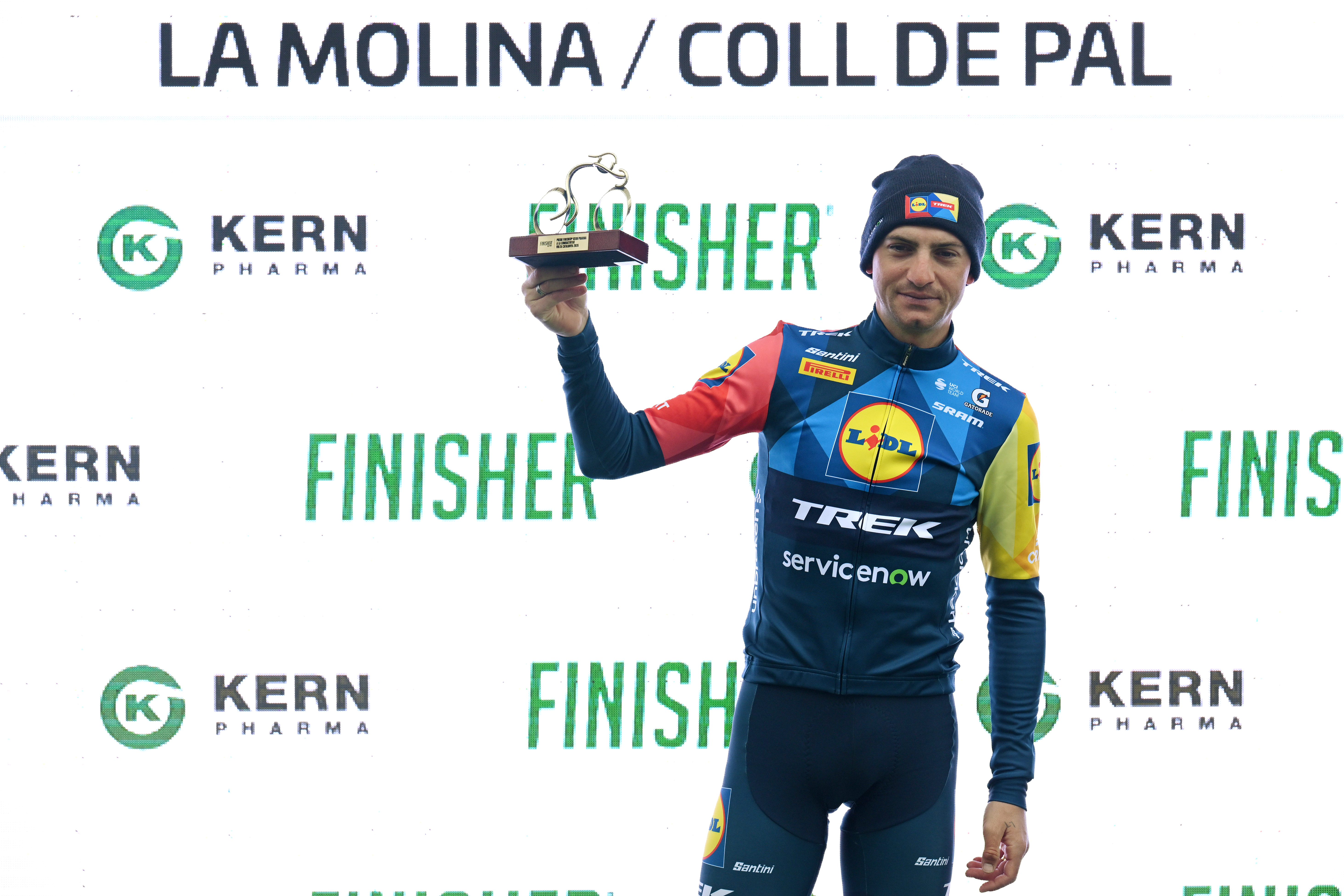 QUERALT, SPAIN - MARCH 28: Giulio Ciccone of Italy and Team Lidl - Trek celebrates at podium as most combative rider prize winner during the 105th Volta a Catalunya 2026, Stage 6 a 158.2km stage from La Berga to Queralt 1133m / #UCIWT / on March 28, 2026 in Queralt, Spain. (Photo by Szymon Gruchalski/Getty Images)