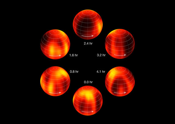 ESO's Very Large Telescope has been used to create the first ever map of the weather on the surface of the nearest brown dwarf to Earth. An international team has made a chart of the dark and light features on WISE J104915.57-531906.1B, which is informally known as Luhman 16B and is one of two recently discovered brown dwarfs forming a pair only six light-years from the Sun. The figure shows the object at six equally spaced times as it rotates once on its axis. Image released Jan. 29, 2014.