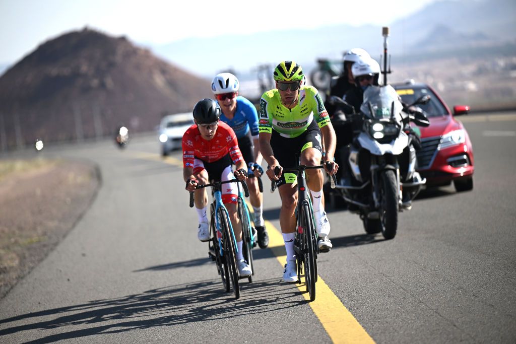 ALULA CAMEL CUP TRACK SAUDI ARABIA FEBRUARY 01 LR Nicolo Garibbo of Italy and JCL Team Ukyo and Ceriel Desal of Belgium and Team Wagner Bazin WB compete in the breakaway during the 5th AlUla Tour 2025 Stage 5 a 1696km stage from AlUla Camel Cup Track to AlUla Camel Cup Track on February 01 2025 in AlUla Saudi Arabia Photo by Szymon GruchalskiGetty Images