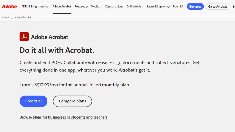 Website screenshot of Adobe Acrobat (August, 2025)