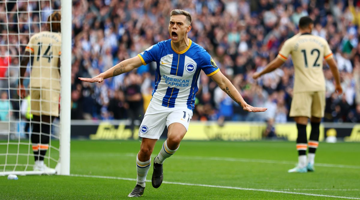 Leandro Trossard of Brighton and Hove Albion celebrates after scoring his team&#039;s first goal in the Premier League match between Brighton and Hove Albion and Chelsea on 29 October, 2022 at the Amex Stadium, Brighton, United Kingdom