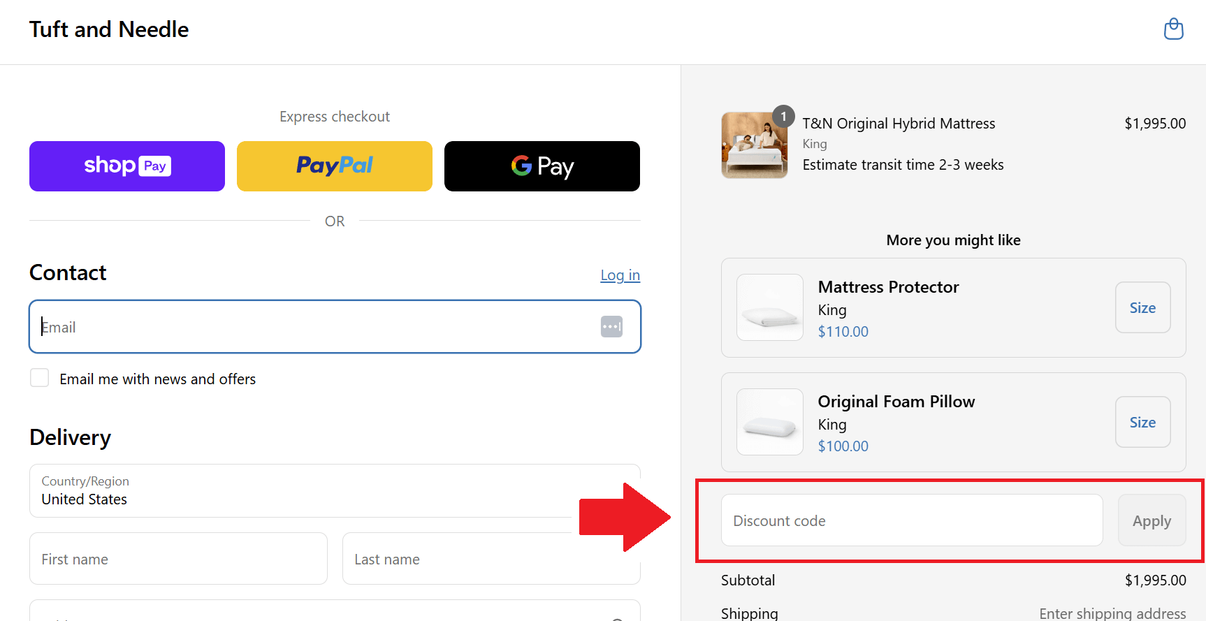 A screenshot showing the tuft and needle checkout page and where to enter your discount code