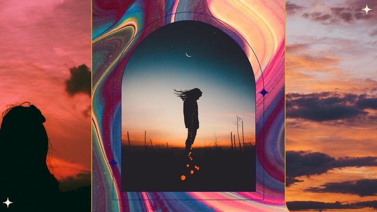 may astrology events, multicolored, woman silhouette looking at the sky, sunset