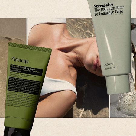 A collage of lifestyle wellness images with body scrubs from Aesop and Nécessaire overlaid.