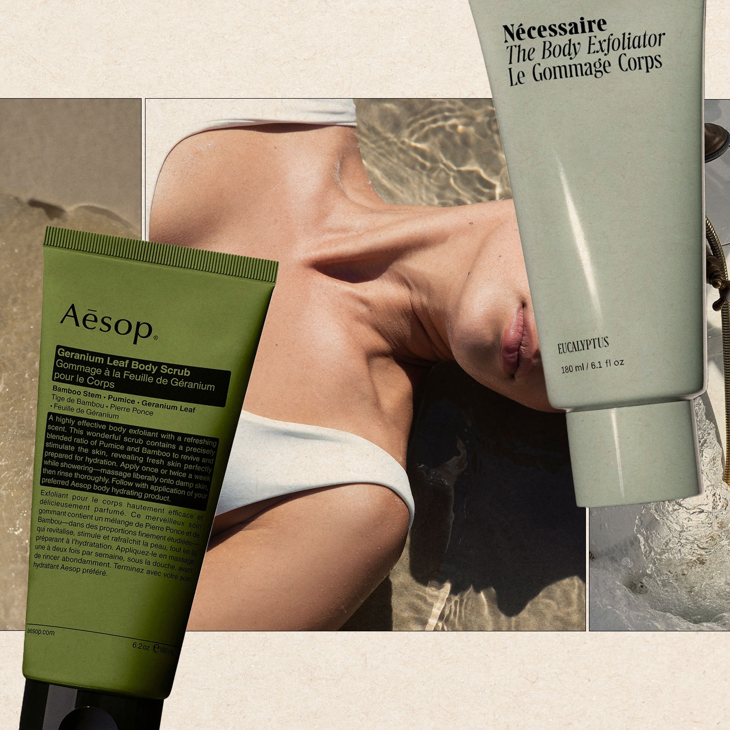 A collage of lifestyle wellness images with body scrubs from Aesop and Nécessaire overlaid.