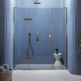 Walk in shower with blue tiles and brass hardware