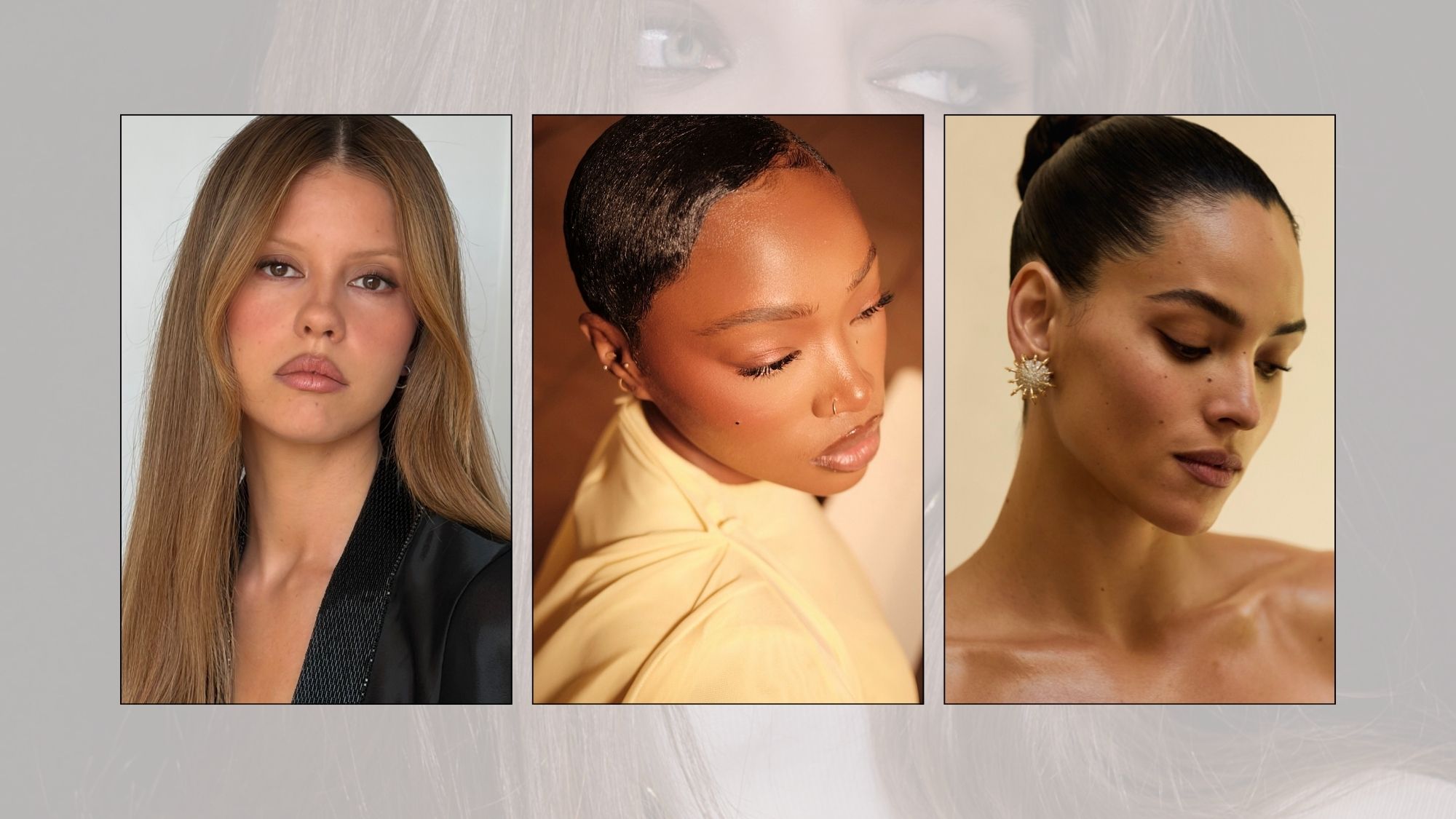 Mia Goth, Uche Natori and Adria Arjona wearing the suede eyes trend. 