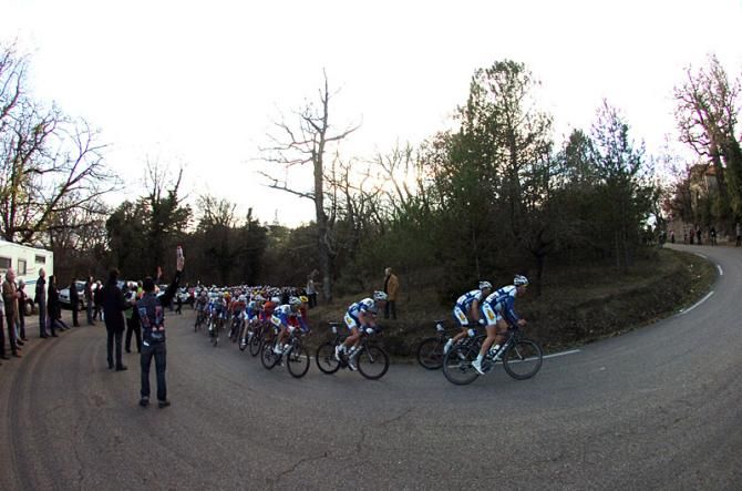 Topsport Vlaanderen - Baloise, the team of race leader Michael Van Staeyen, sets tempo in the peloton.