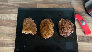 Healthy fried chicken thighs made with different coatings in an air fryer