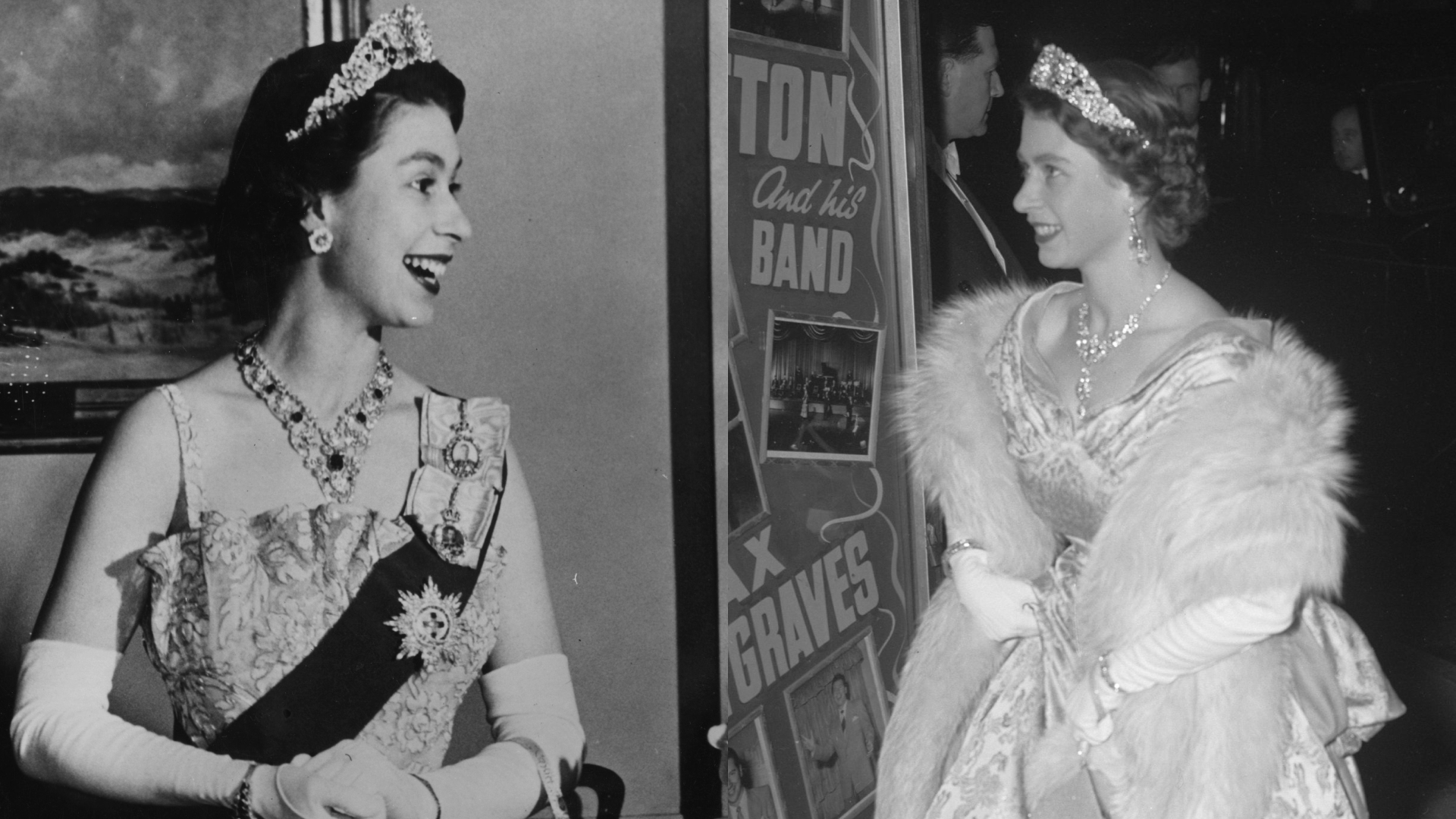 Queen Elizabeth wearing a tiara, gown and sash and laughing; Queen Elizabeth wearing a fur stole and gown with a tiara