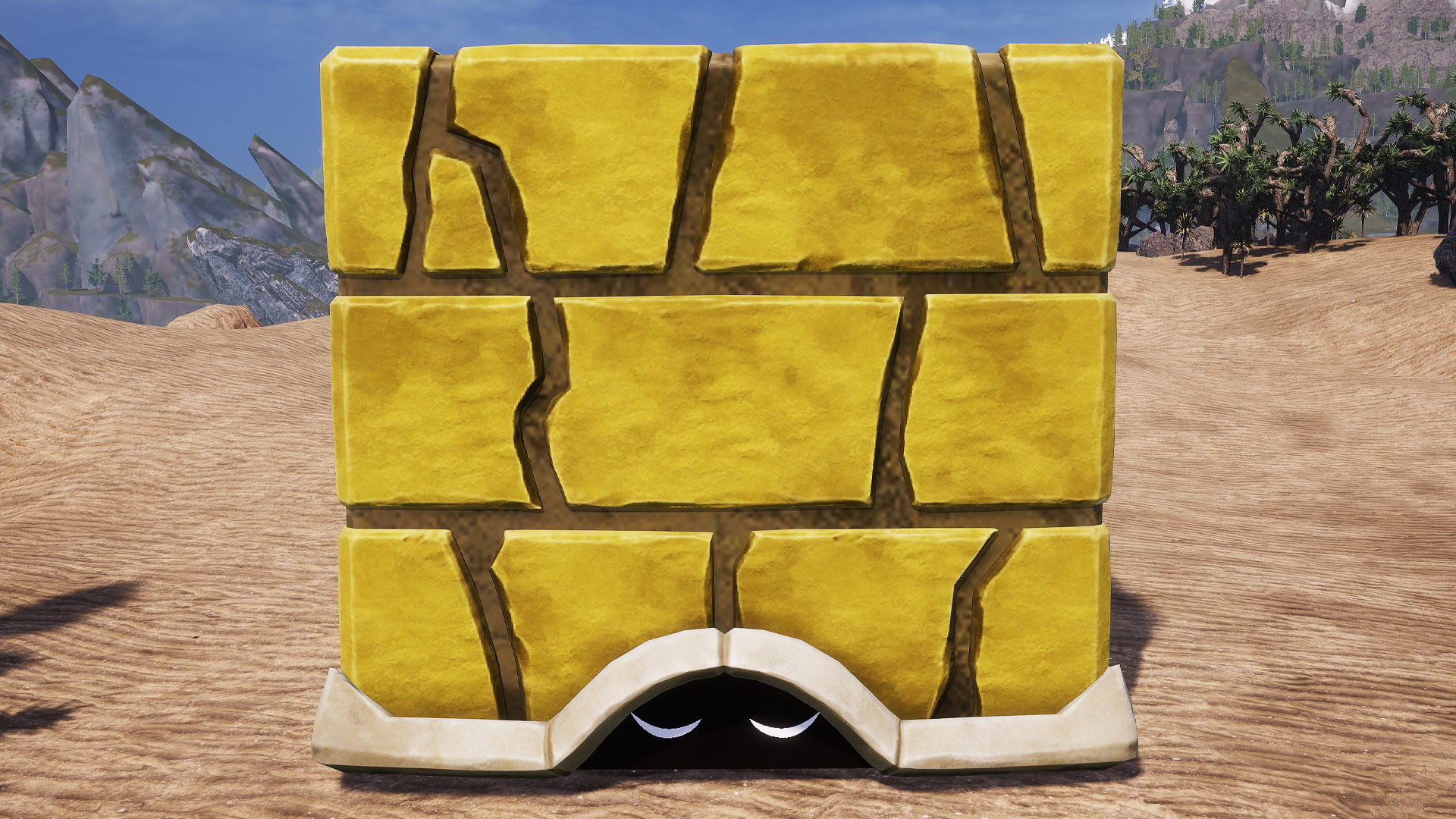 Palworld - tetroise, a ellow tortoise with a brick-looking cube shaped shell