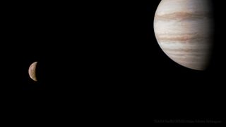 Jupiter is seen on the right side with Io on the left. In the background, the darkness of space.