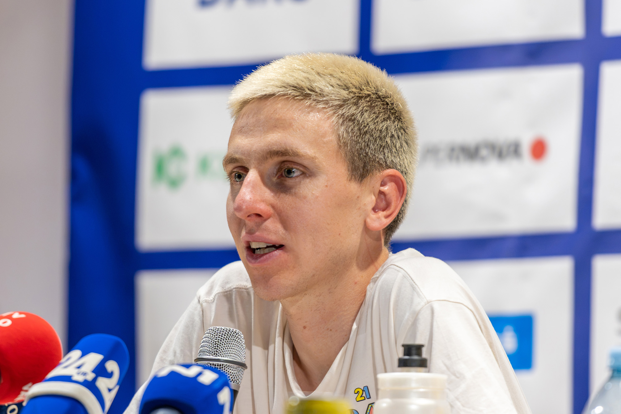 Tadej Pogacar speaks during a press conference before the Pogi Challenge criterium race in his hometown